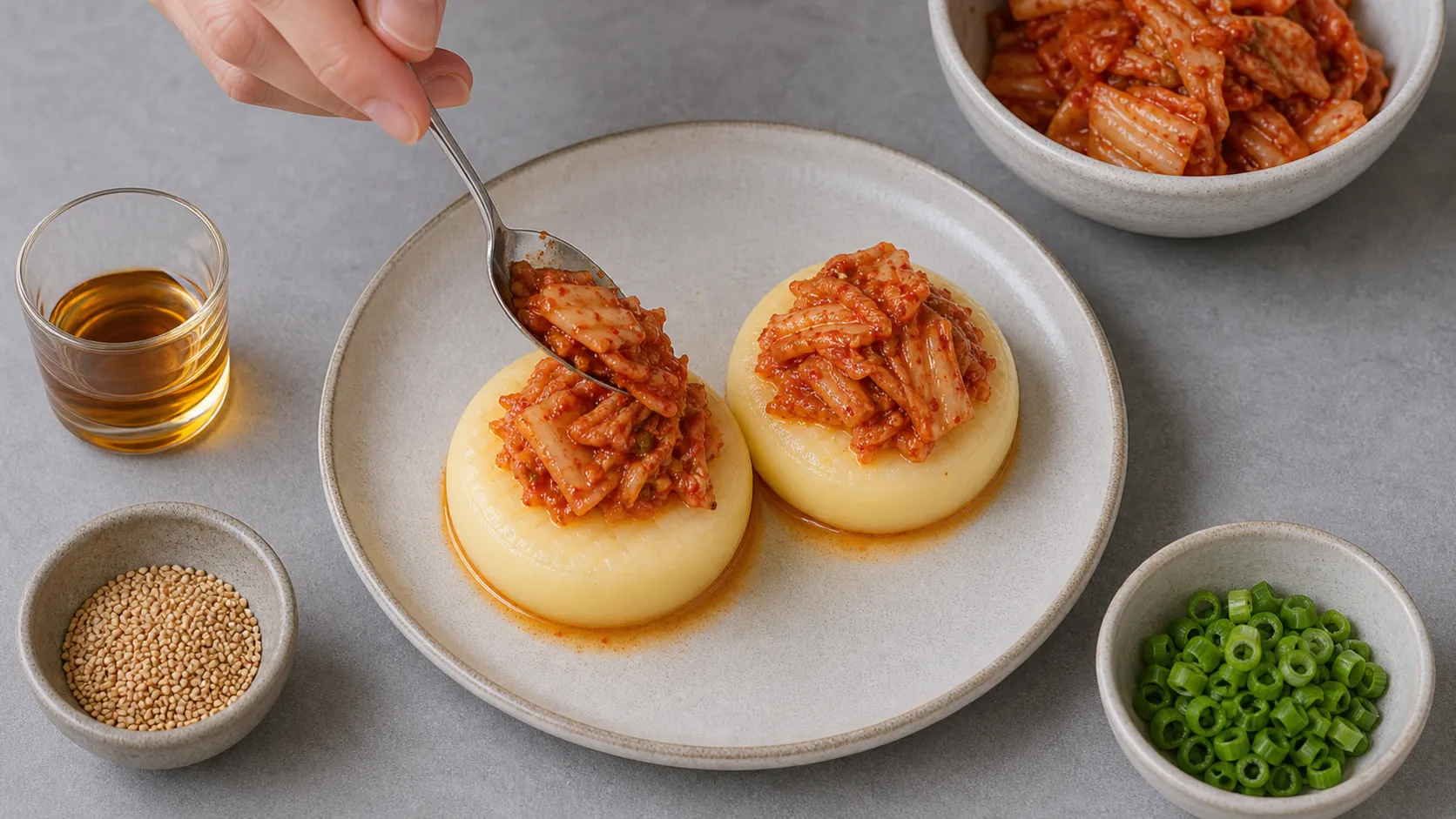 Kimchi wird auf Handkäse verteilt und mit Sesamöl vorbereitet