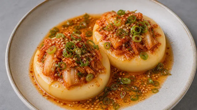 Keto-Handkäse mit Kimchi, geröstetem Sesam, Sesamöl und Frühlingszwiebeln auf einem Teller