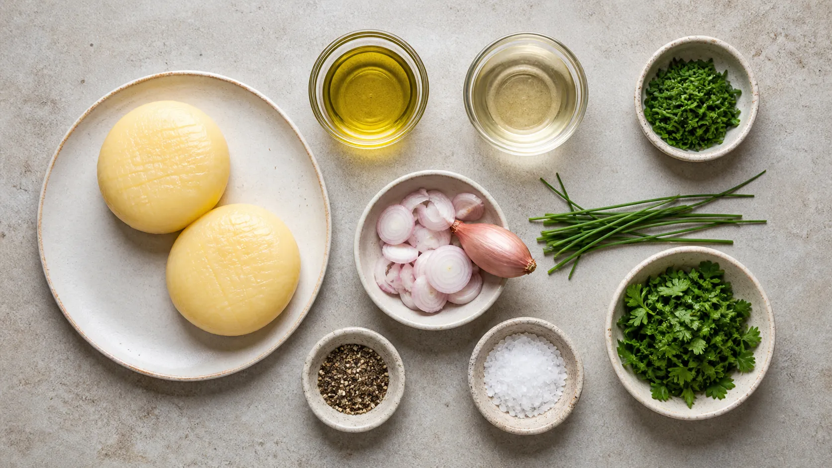 Zutaten für Handkäse mit Kräuter-Vinaigrette: Handkäse, Schnittlauch, Petersilie, Schalotten, Olivenöl und Weißweinessig