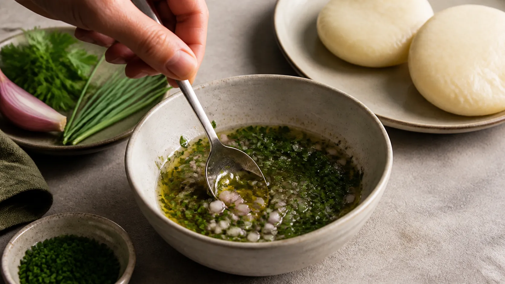 Kräuter-Vinaigrette mit Schnittlauch, Petersilie und Schalotten wird angerührt