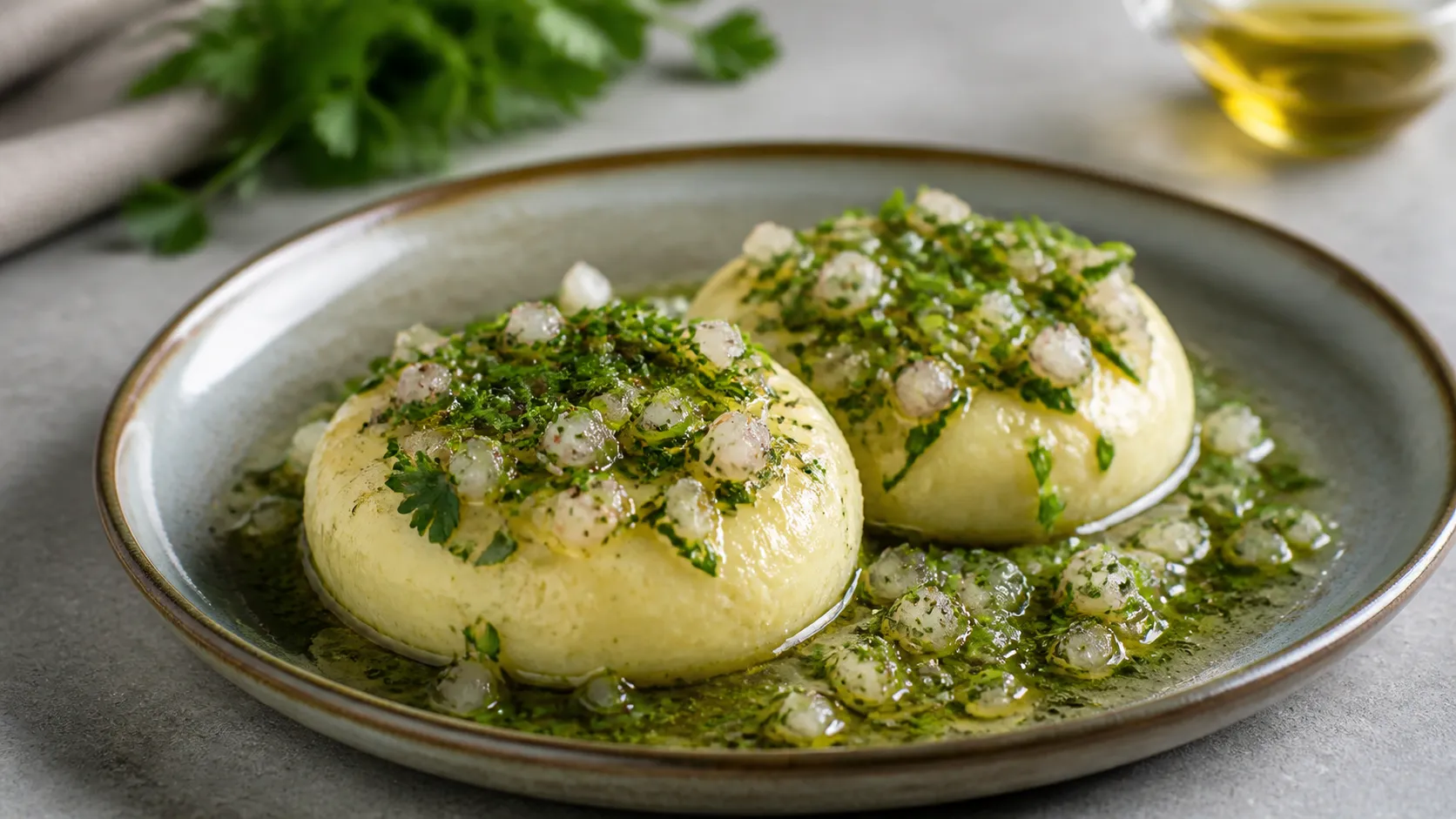 Handkäse mit Kräuter-Vinaigrette aus Schnittlauch, Petersilie, Schalotten und Olivenöl