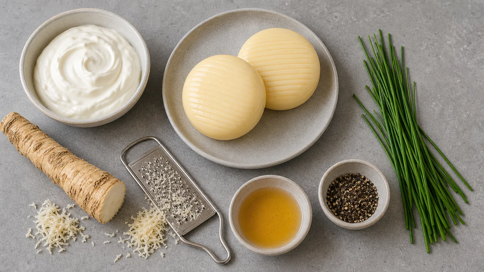 Zutaten für Keto-Handkäse mit Meerrettich und Crème fraîche als Flatlay mit Handkäse, Crème fraîche, Meerrettichwurzel, Apfelessig und Schnittlauch
