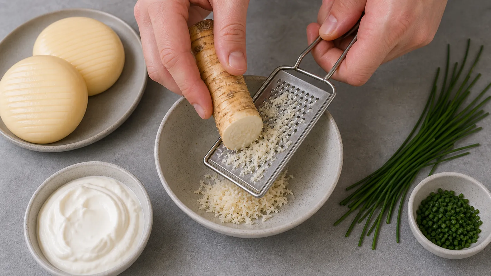 Frischer Meerrettich wird für die Crème-fraîche-Sauce gerieben