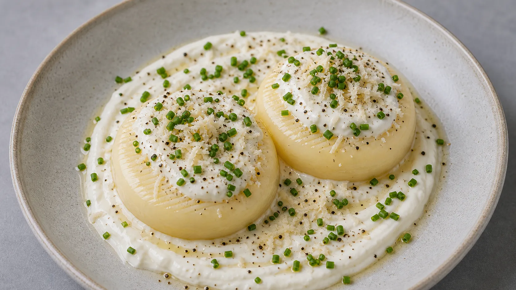 Keto-Handkäse auf Meerrettich-Crème-fraîche mit Schnittlauch und schwarzem Pfeffer
