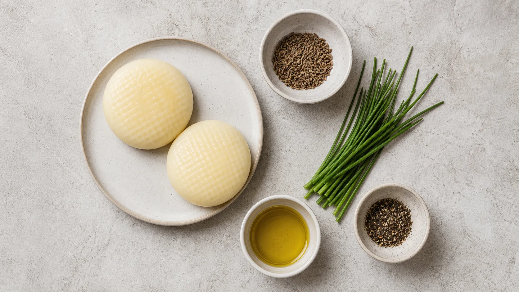 Zutaten für Handkäse aus der Mikrowelle: Handkäse, Kümmel, Schnittlauch, Olivenöl und Pfeffer