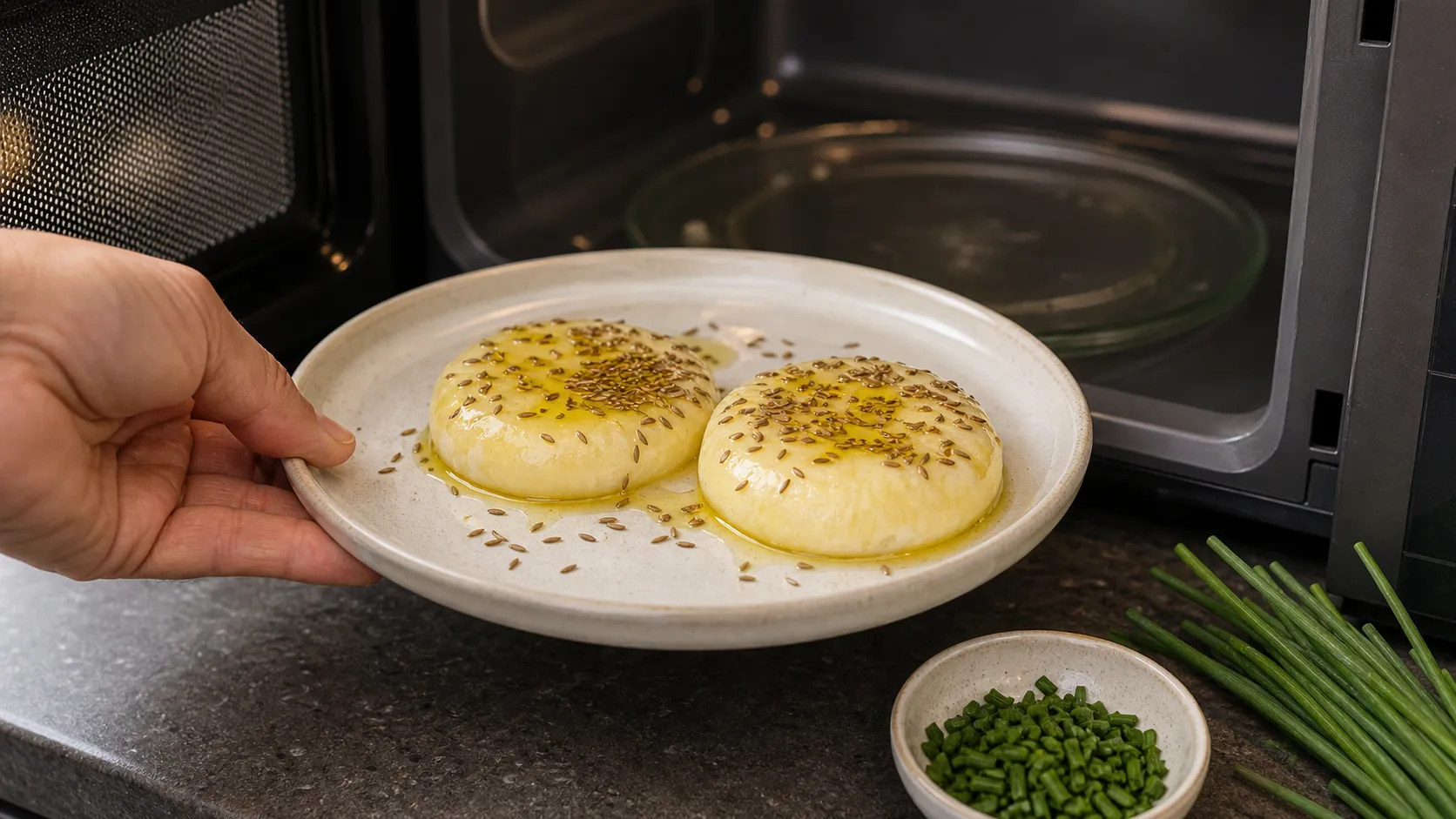 Handkäse auf einem Mikrowellenteller mit Kümmel und Olivenöl, bereit für die Mikrowelle