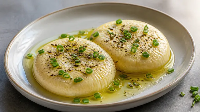 Handkäse aus der Mikrowelle, cremig geschmolzen mit Kümmel und Schnittlauch, auf einem Teller