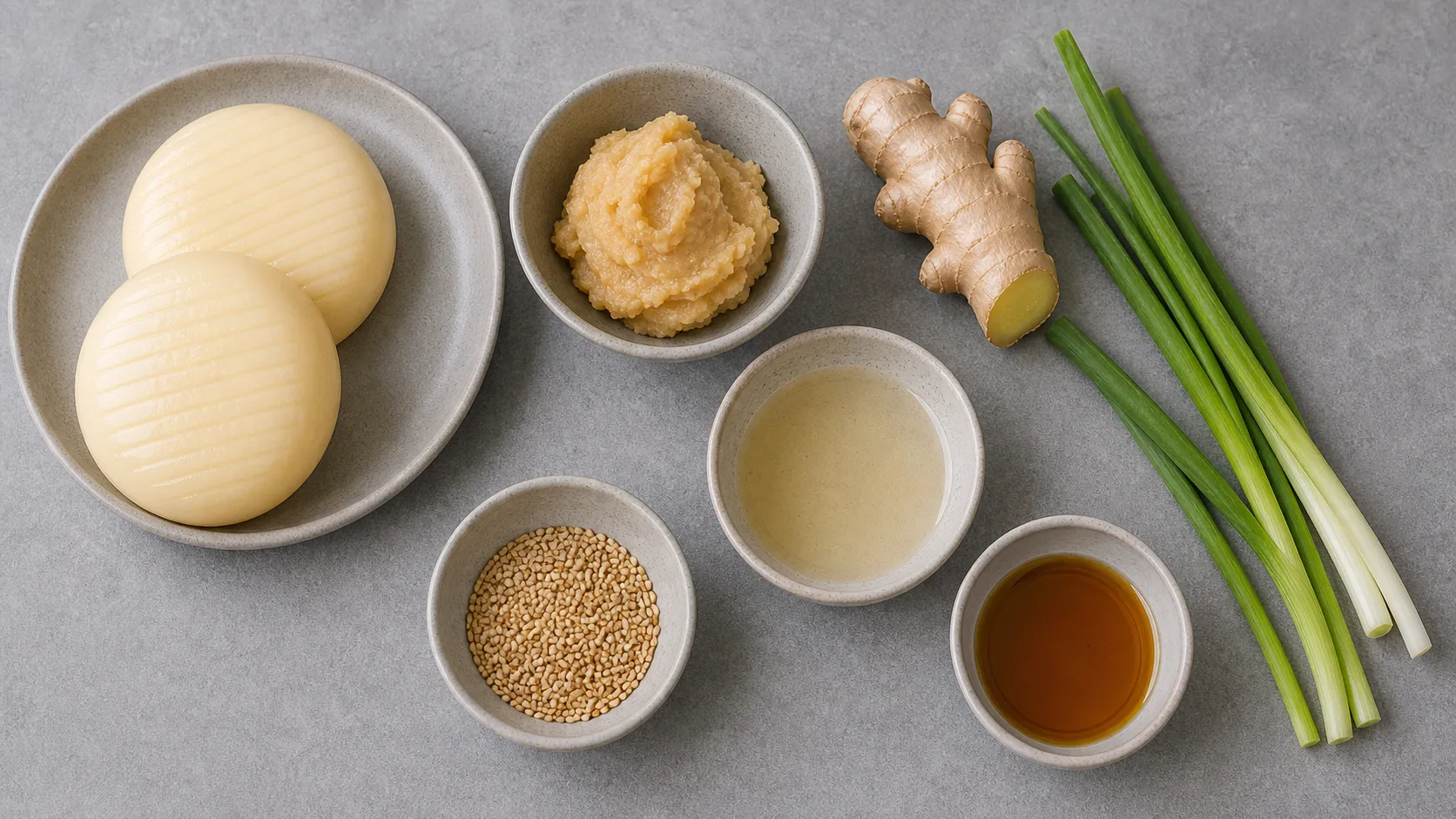Zutaten für Keto-Handkäse mit Miso-Ingwer-Marinade als Flatlay mit Handkäse, weißer Miso-Paste, Reisessig, Sesamöl, Ingwer, Sesam und Frühlingszwiebeln