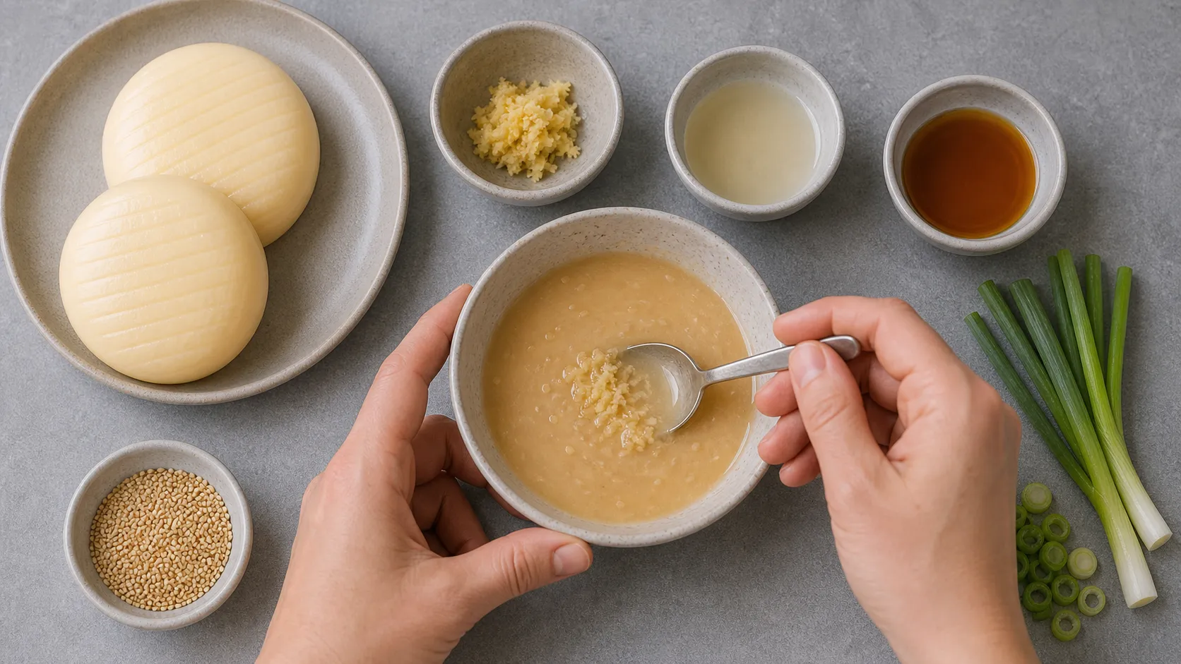 Miso-Paste, Reisessig, Sesamöl und Ingwer werden zu einer Marinade verrührt