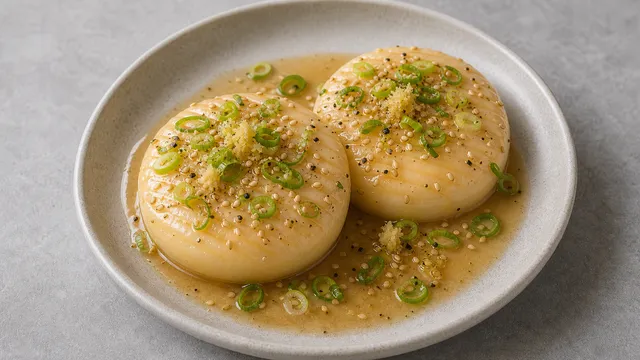 Keto-Handkäse mit Miso-Ingwer-Marinade, geröstetem Sesam und Frühlingszwiebeln auf einem Teller