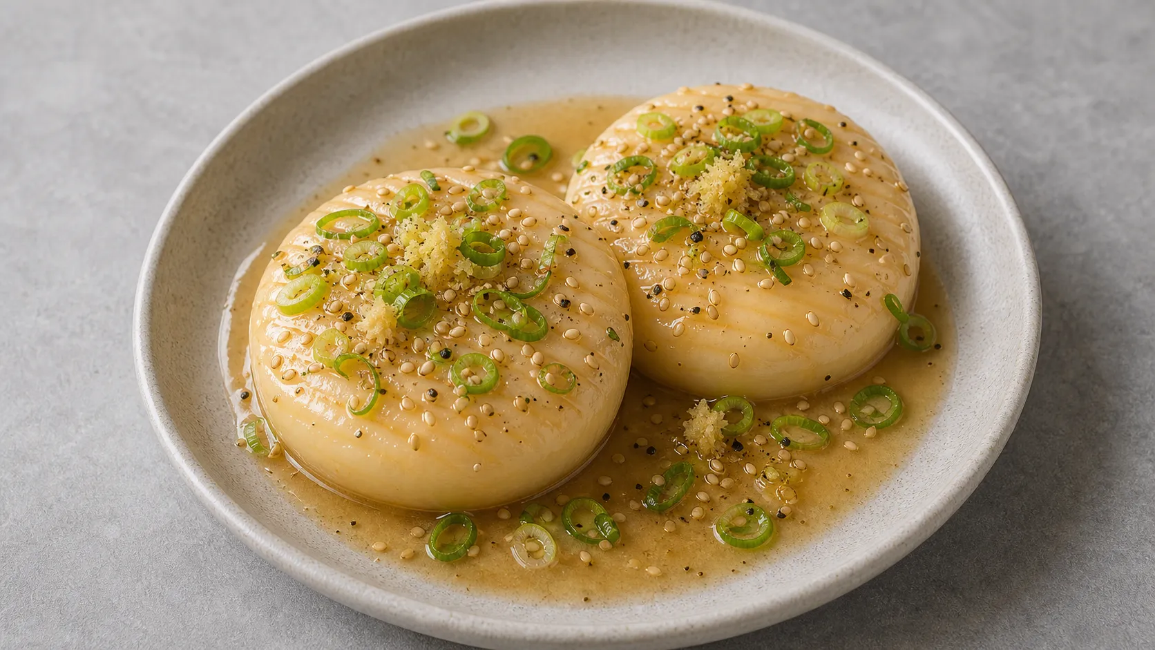 Keto-Handkäse mit Miso-Ingwer-Marinade, geröstetem Sesam und Frühlingszwiebeln auf einem Teller