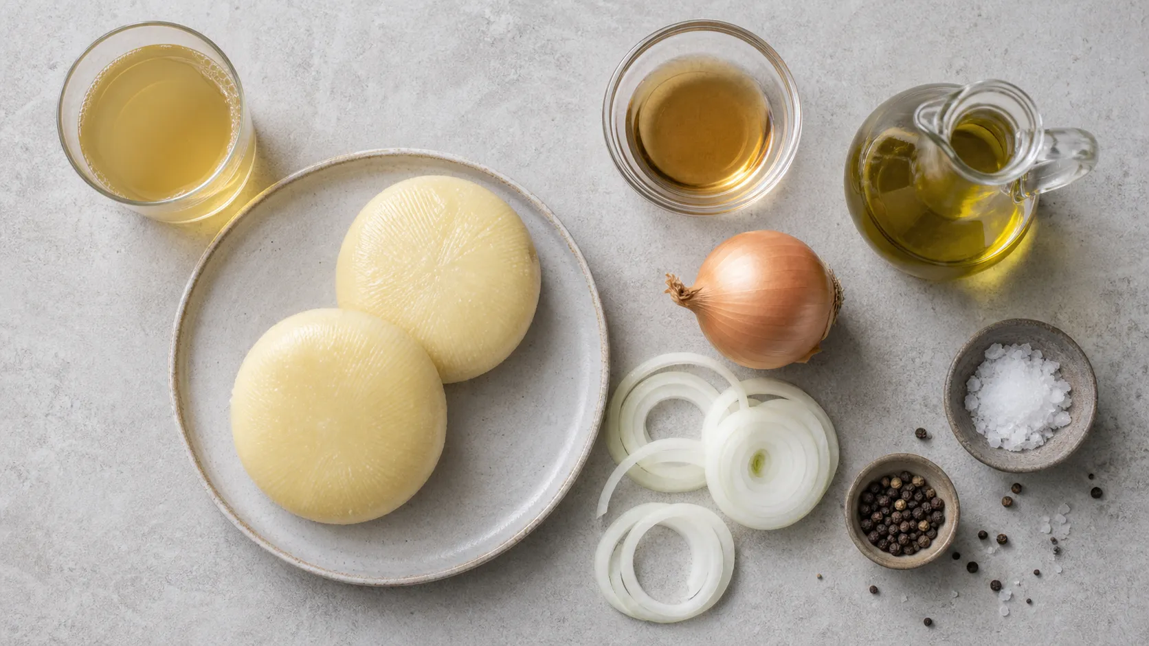 Zutaten für Handkäse mit Äppelwoi-Marinade: Handkäse, Apfelwein, Apfelessig, Olivenöl und Zwiebel