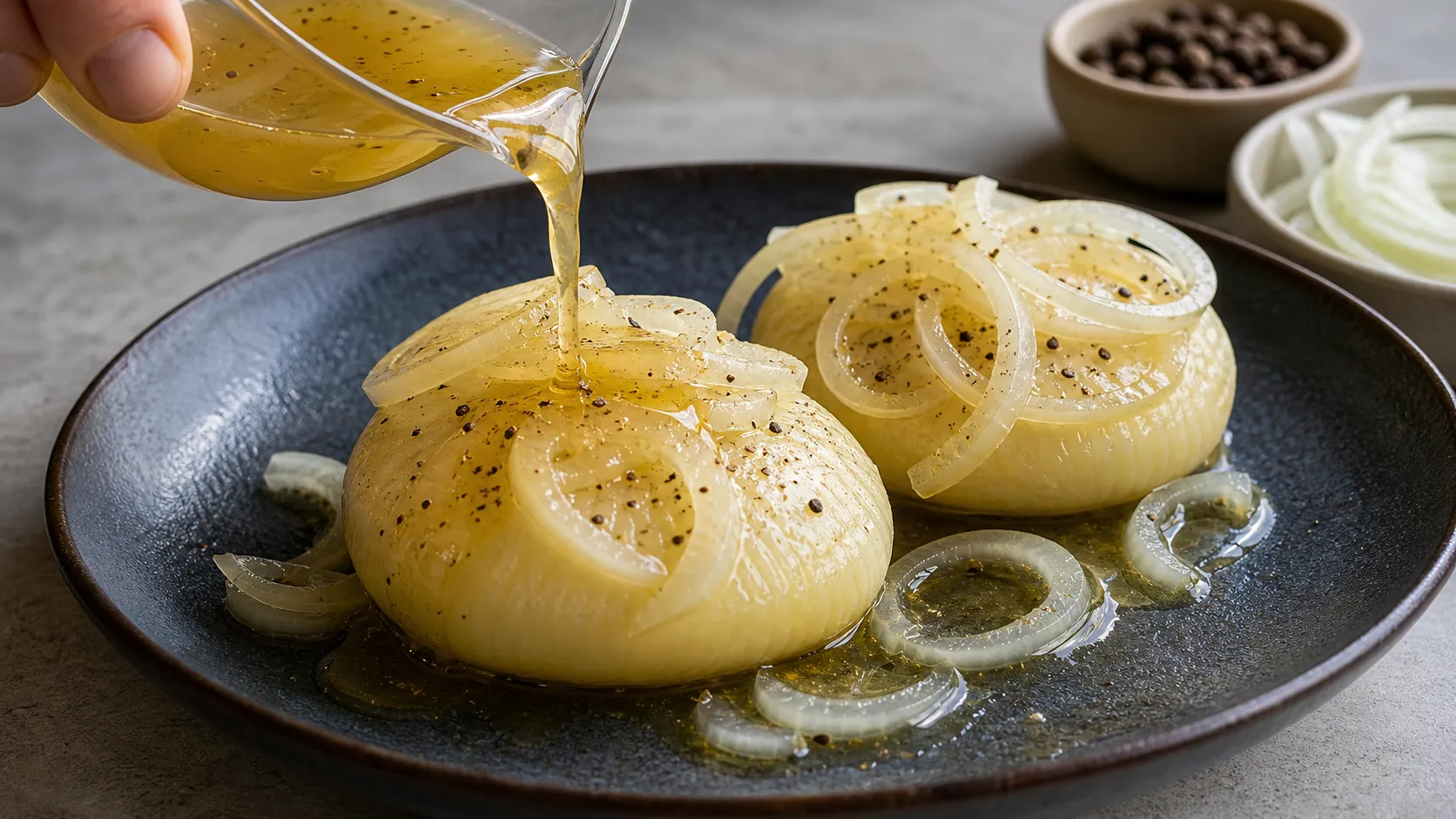 Äppelwoi-Marinade wird über Handkäse und Zwiebelringe gegossen