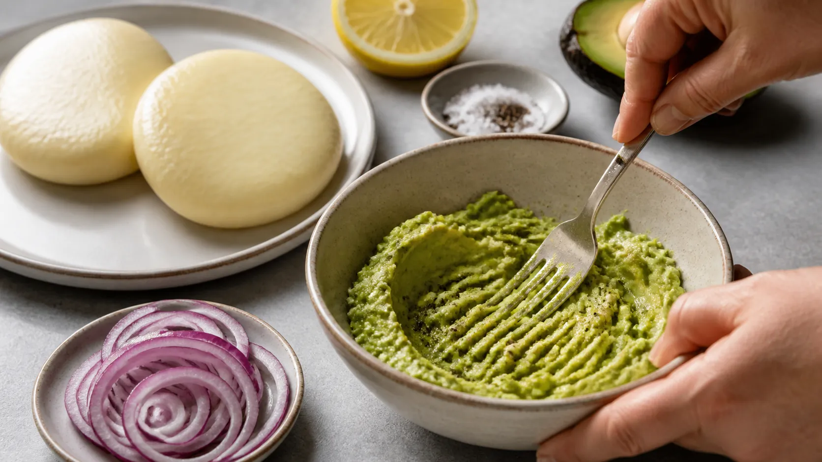 Avocado wird mit Zitronensaft für die Handkäse-Creme zerdrückt
