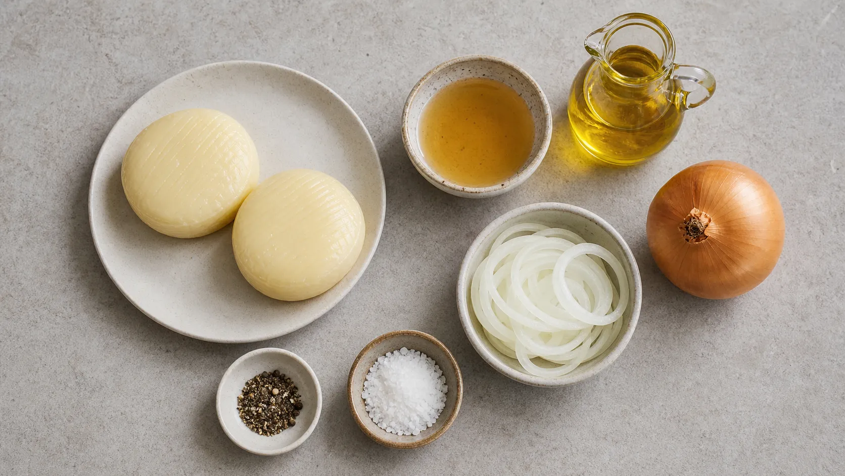 Zutaten für klassischen Handkäse mit Musik: Handkäse, Apfelessig, Rapsöl, Zwiebeln, Pfeffer und Salz