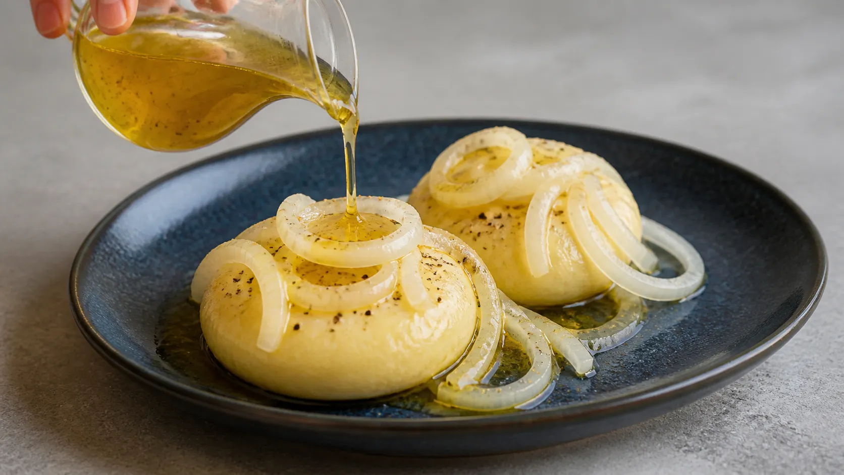 Essig-Öl-Marinade wird über klassischen Handkäse mit Zwiebeln gegossen