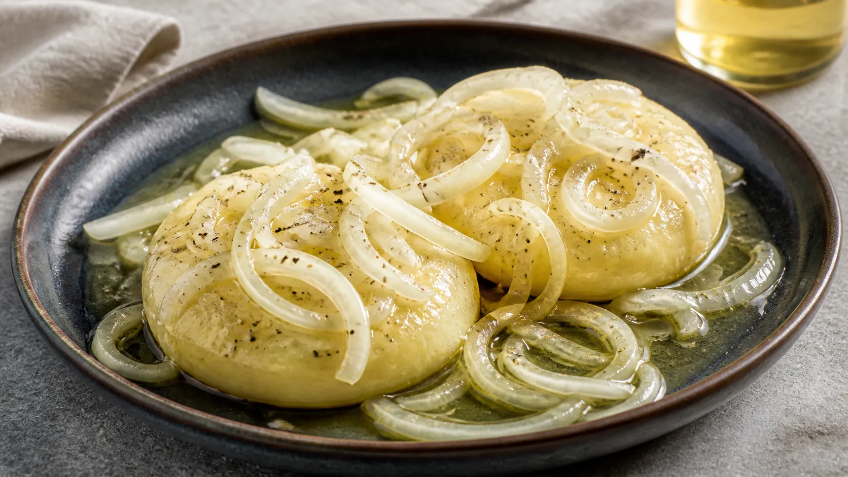 Klassischer Handkäse mit Musik mit Zwiebelringen, Apfelessig, Rapsöl und Pfeffer