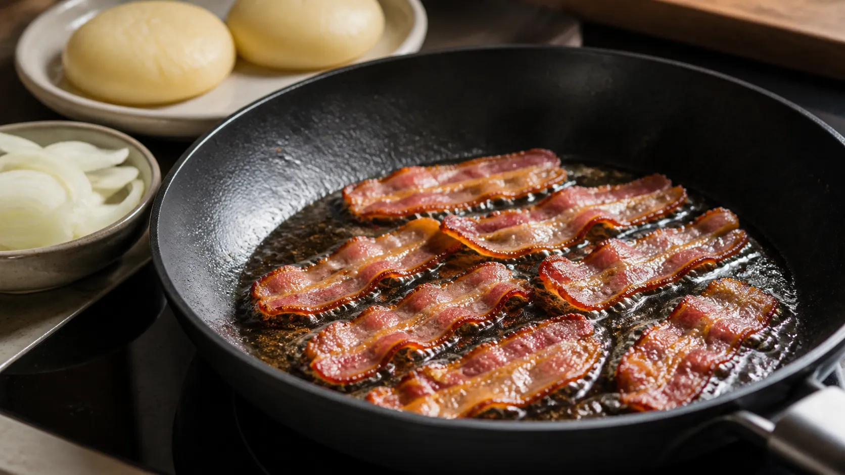 Frühstücksspeck wird für Handkäse mit Zwiebeln knusprig in der Pfanne gebraten