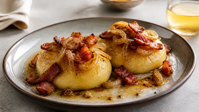 Handkäse mit knusprigem Speck, gebräunten Zwiebeln, Apfelessig und Pfeffer