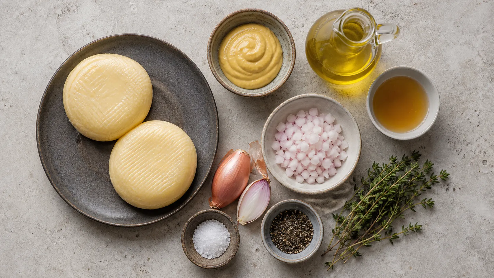 Zutaten für Handkäse mit Senf-Vinaigrette: Handkäse, Dijonsenf, Olivenöl, Apfelessig, Schalotten und Thymian
