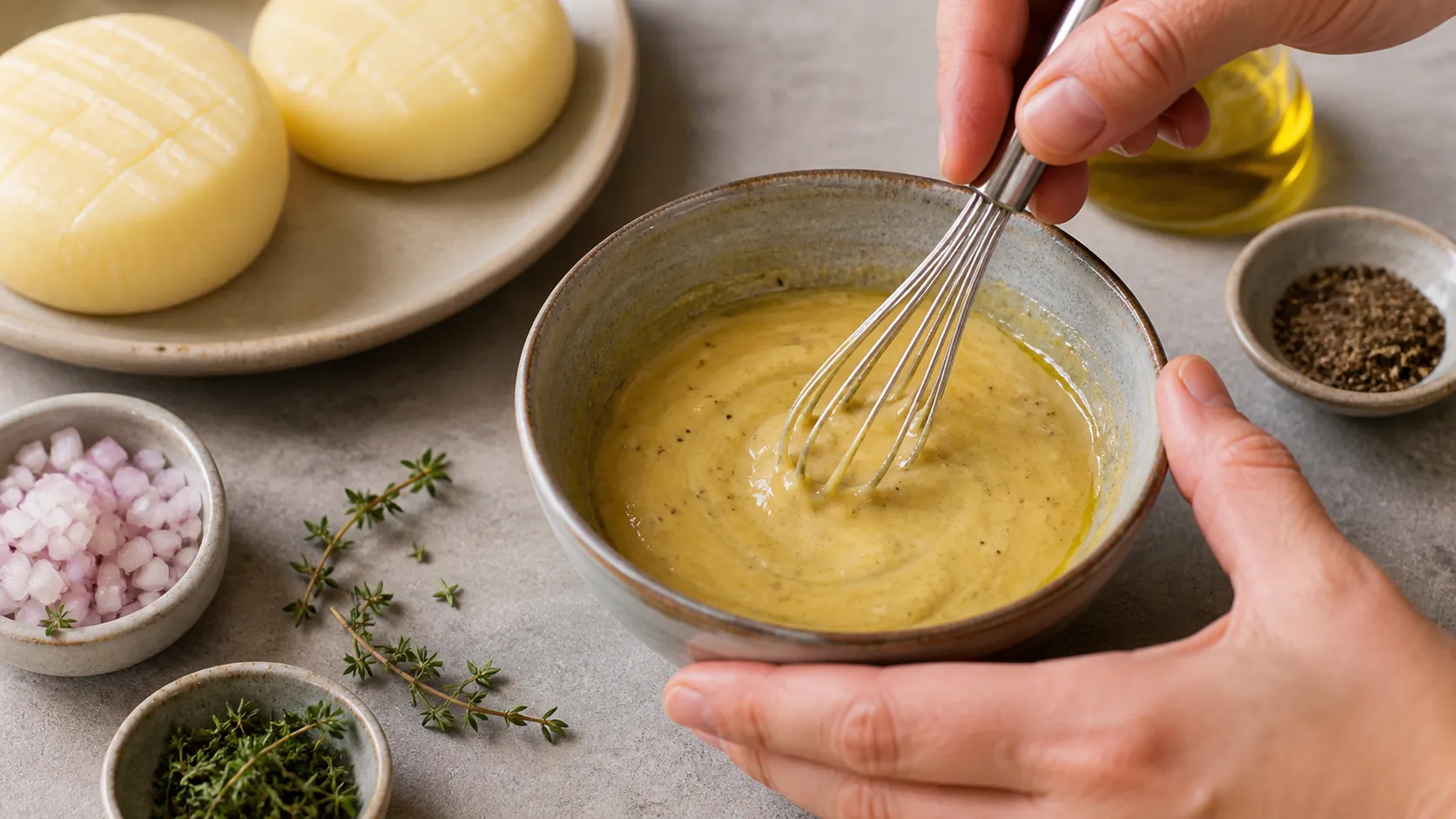 Dijonsenf-Vinaigrette wird mit Olivenöl und Apfelessig cremig gerührt