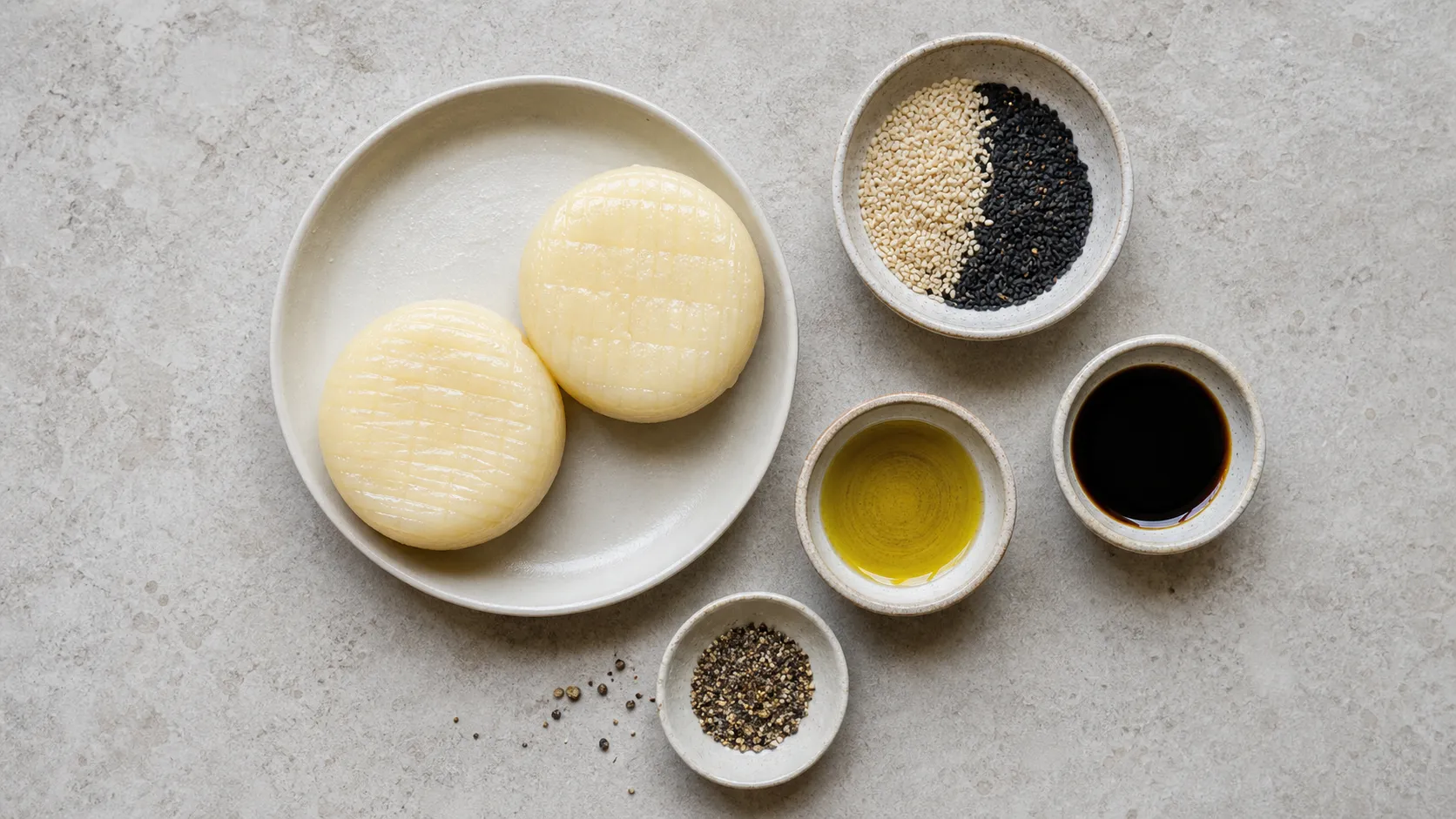 Zutaten für Handkäse mit Sesamkruste: Handkäse, Sesam, Olivenöl, Sojasauce, Pfeffer
