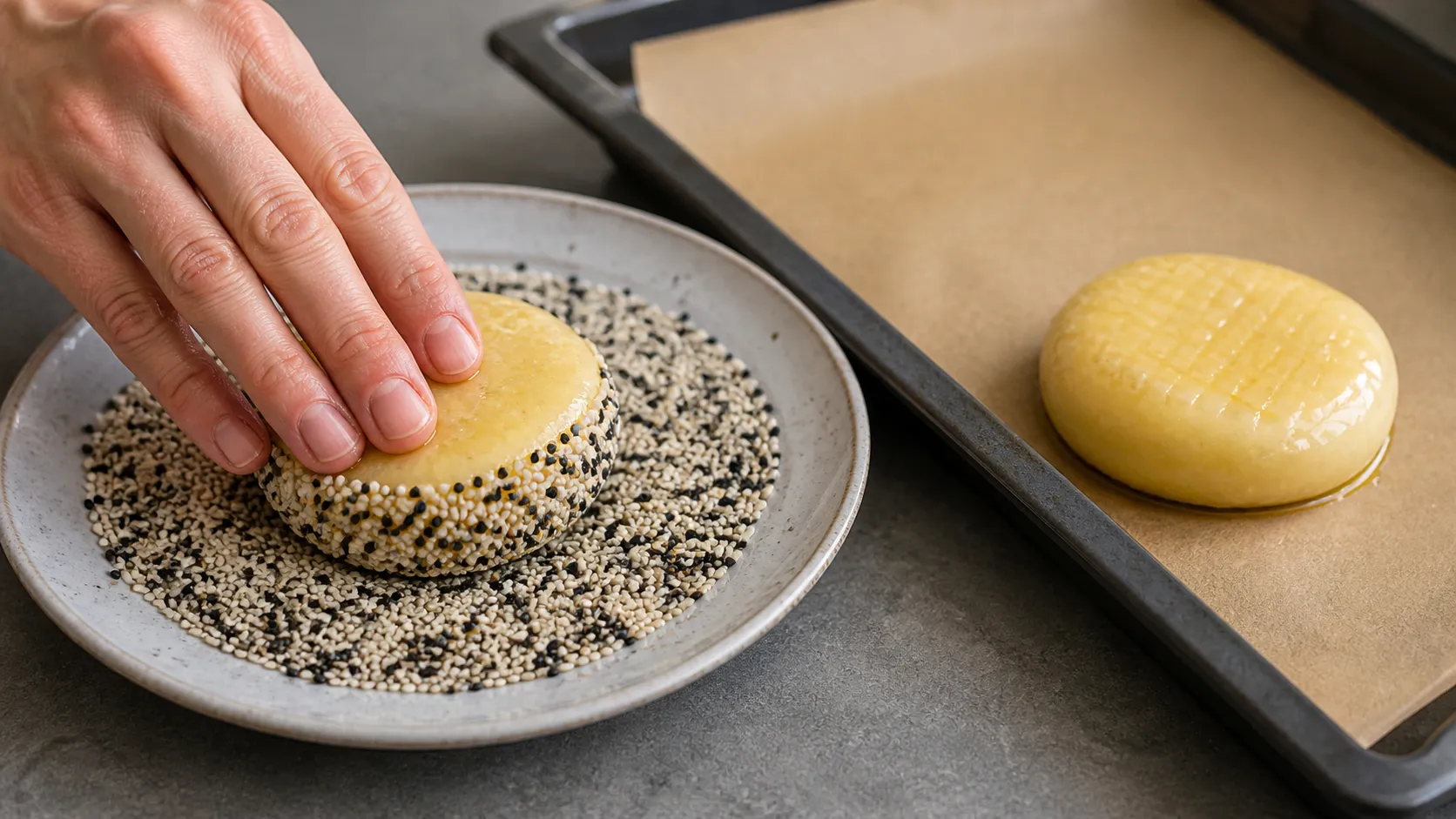Handkäse mit Sesamkruste auf dem Backblech vor dem Überbacken im Ofen