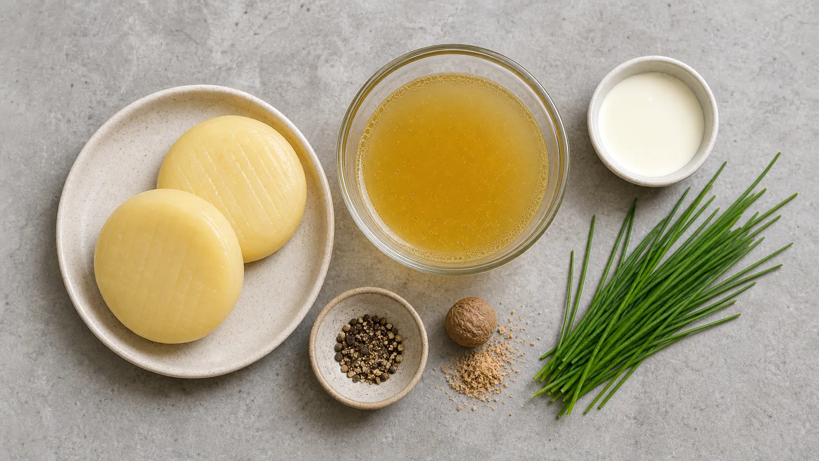 Zutaten für Handkäse-Suppe: Handkäse, Gemüsebrühe, Sahne, Schnittlauch, Muskat