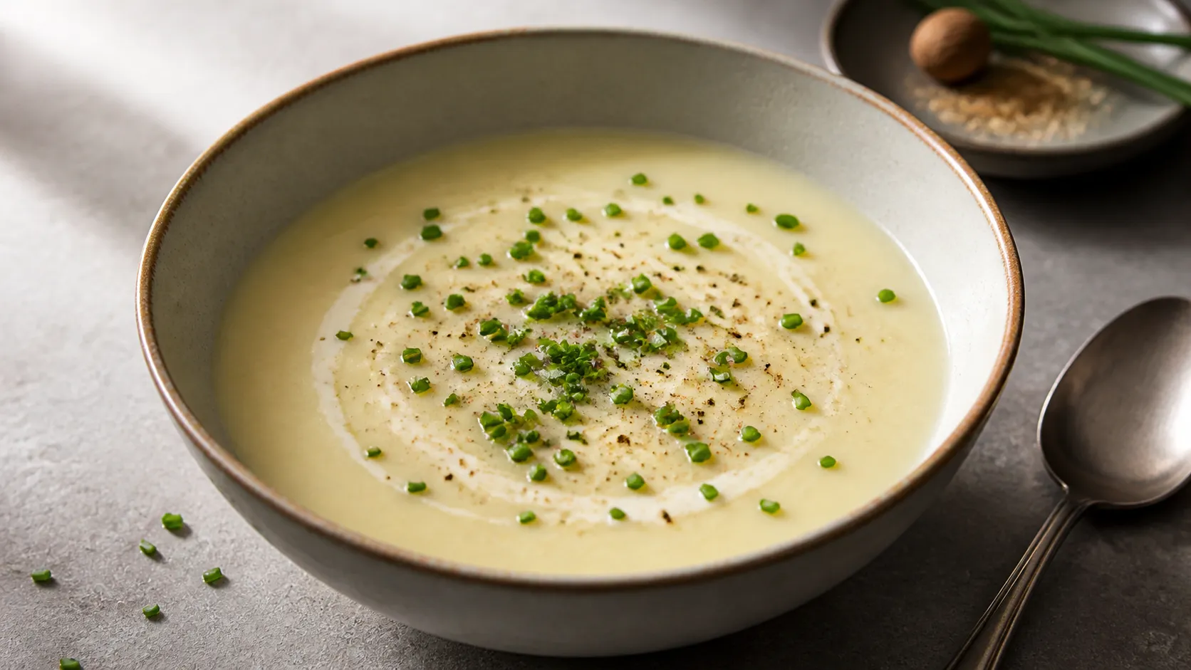 Handkäse-Suppe in einer Schüssel mit Schnittlauch, cremig und dampfend