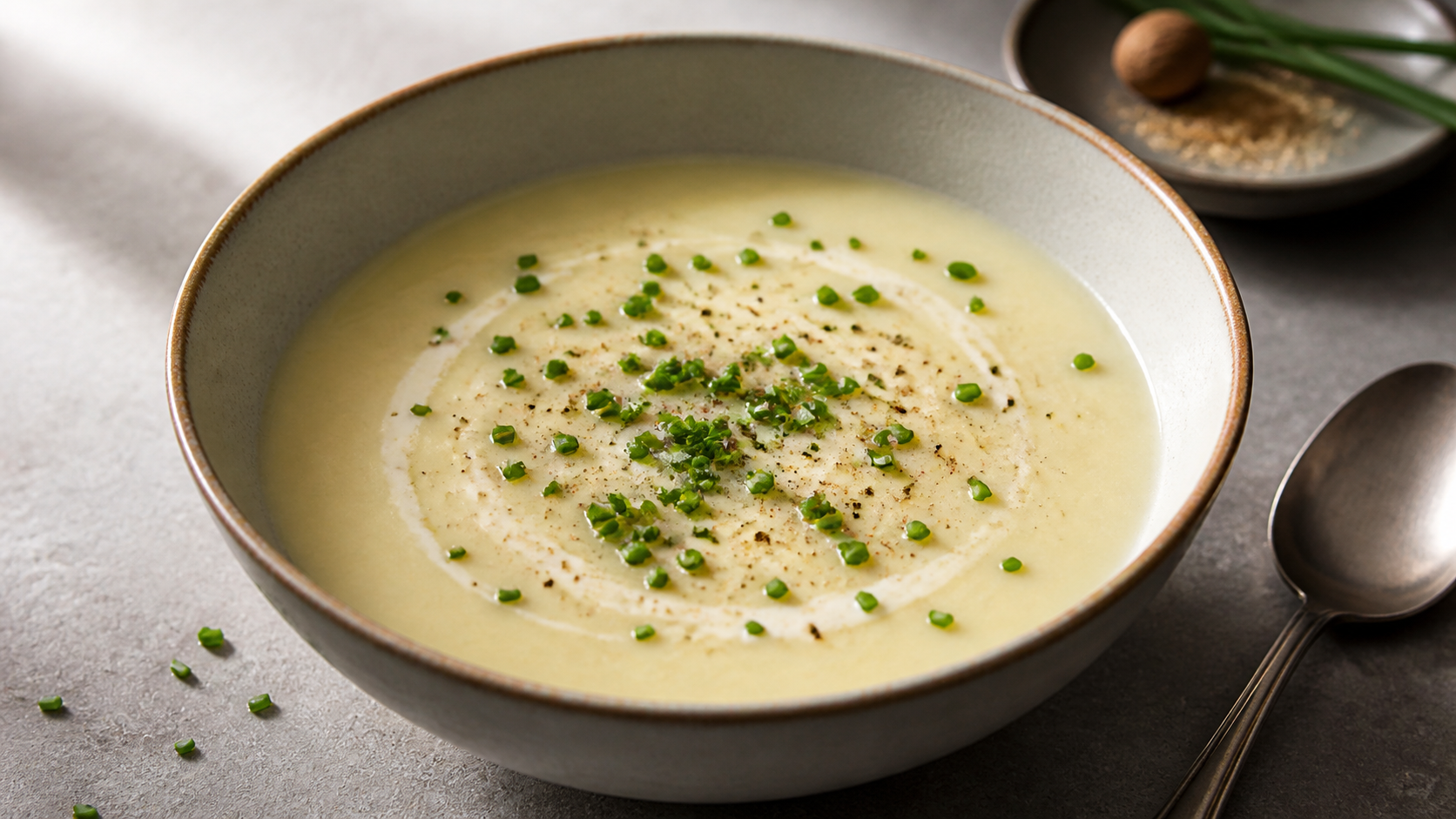 Handkäse-Suppe in einer Schüssel mit Schnittlauch, cremig und dampfend