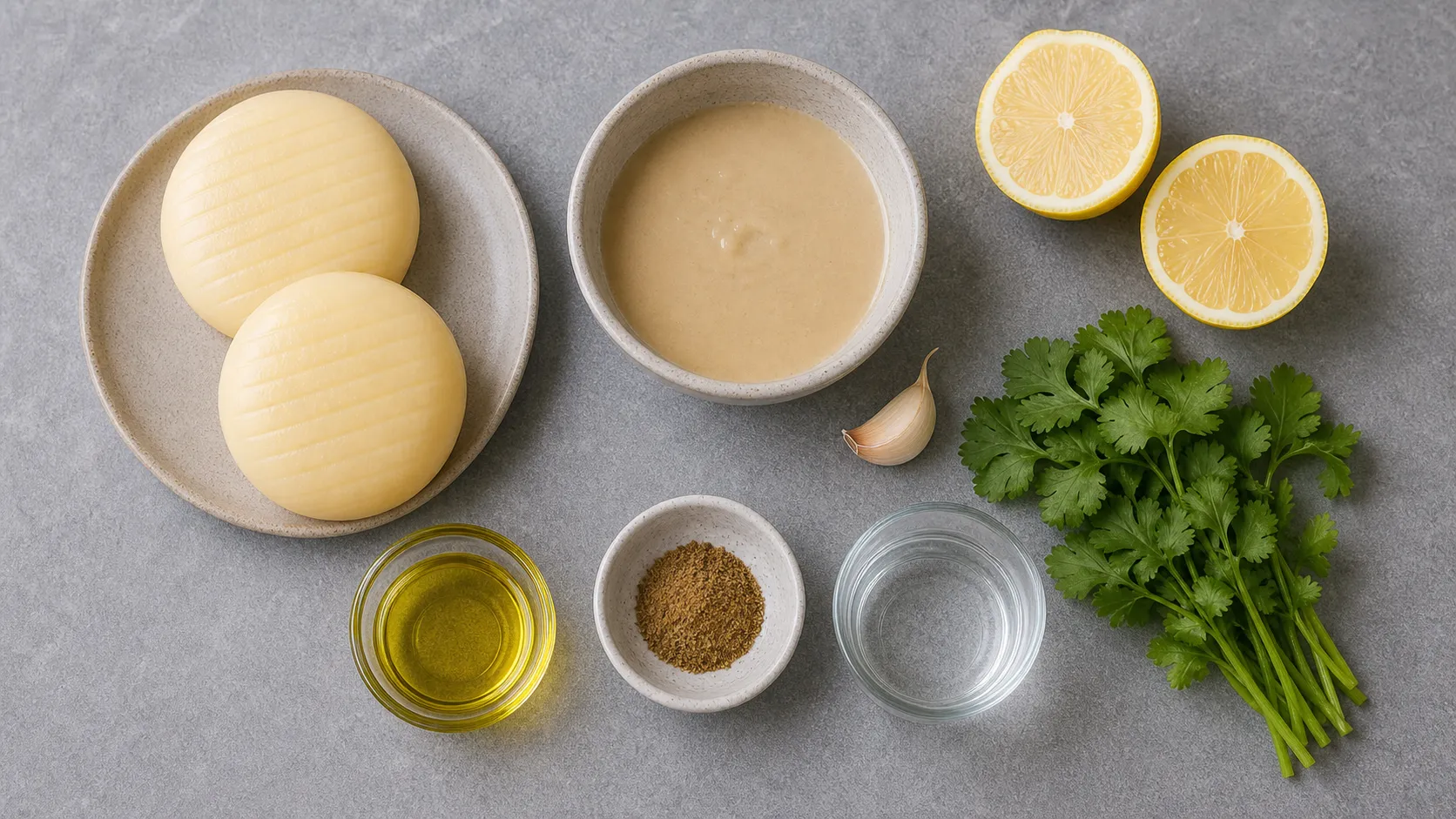 Zutaten für Keto-Handkäse mit Tahini, Zitrone und Koriander als Flatlay mit Handkäse, Tahini, Zitrone, Knoblauch, Koriander, Kreuzkümmel und Olivenöl