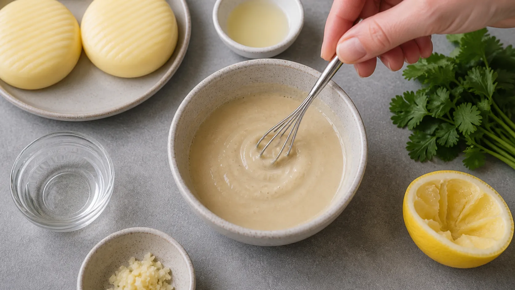 Tahini, Zitronensaft, Knoblauch und Wasser werden zu einer cremigen Sauce verrührt