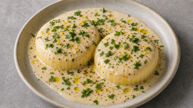 Keto-Handkäse mit Tahini-Zitronen-Sauce, Koriander, Olivenöl und Kreuzkümmel auf einem Teller