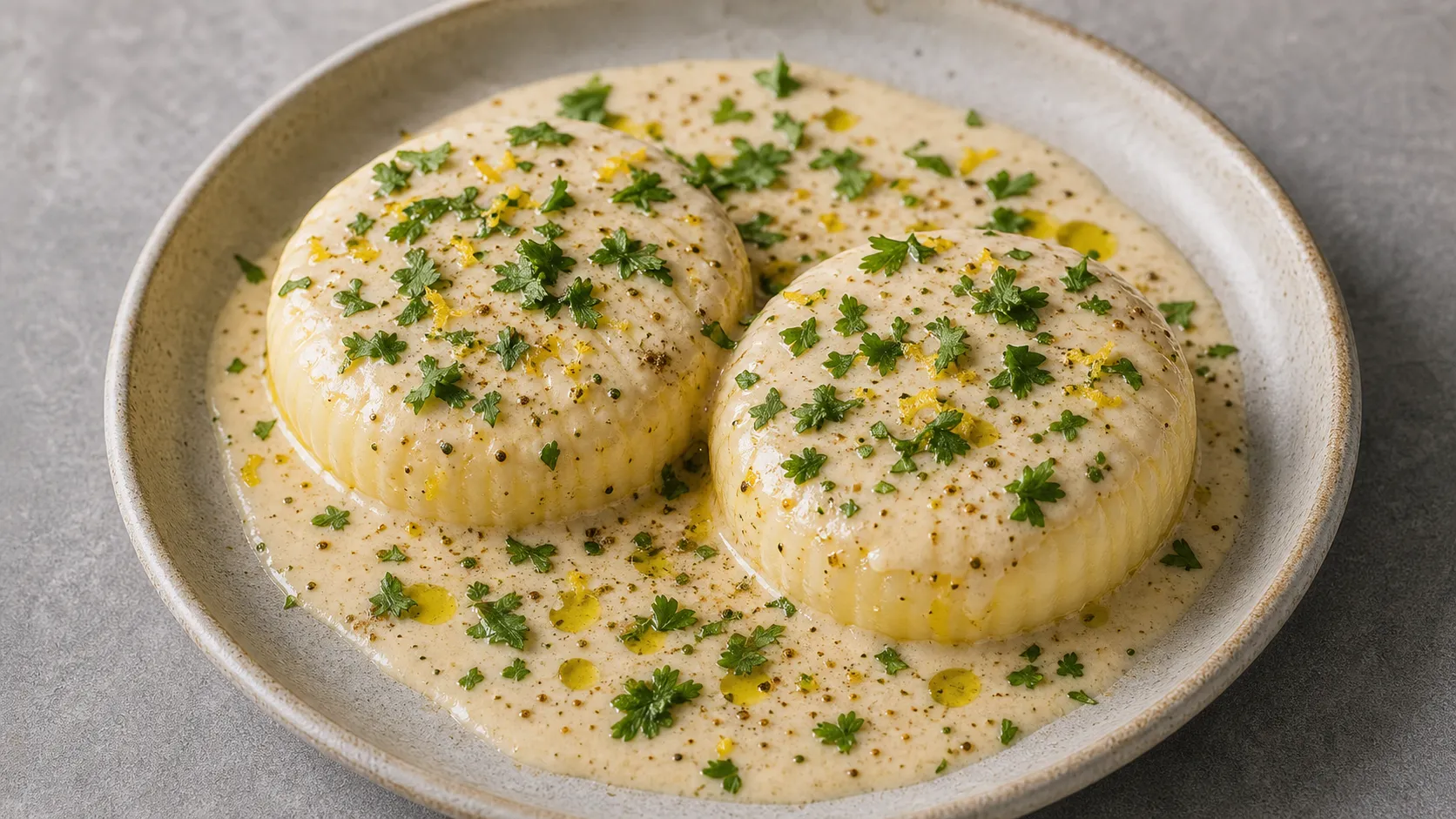 Keto-Handkäse mit Tahini-Zitronen-Sauce, Koriander, Olivenöl und Kreuzkümmel auf einem Teller
