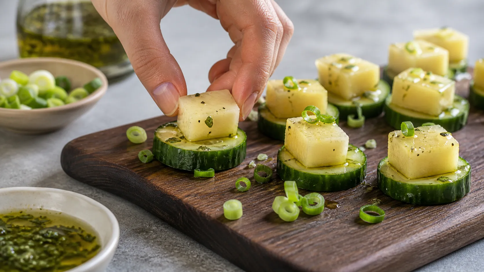 Handkäse-Würfel werden auf Gurkenscheiben für Keto-Tapas gesetzt