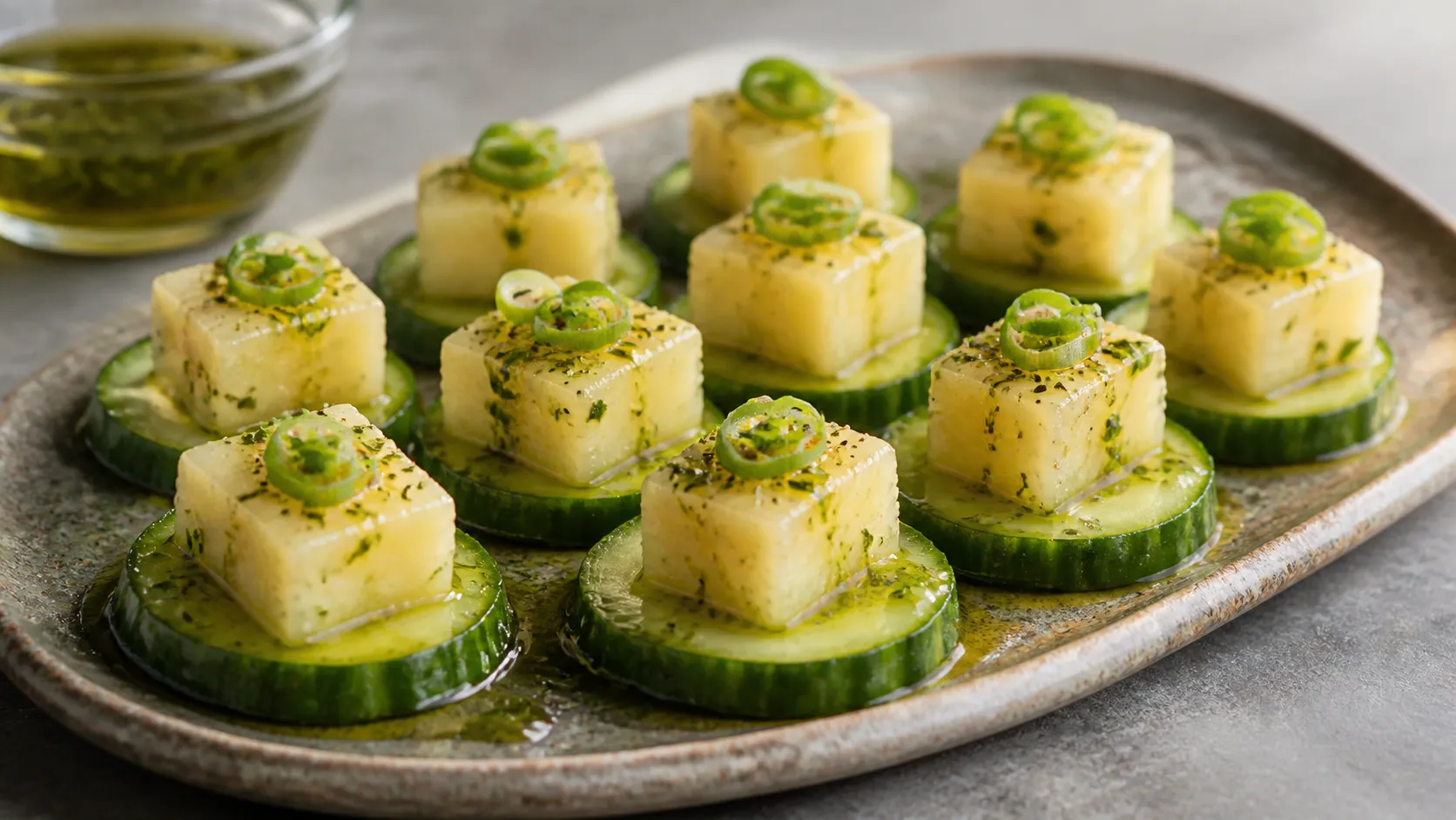 Handkäse-Tapas auf Gurkenscheiben mit Kräuteröl, Schnittlauch und Frühlingszwiebeln