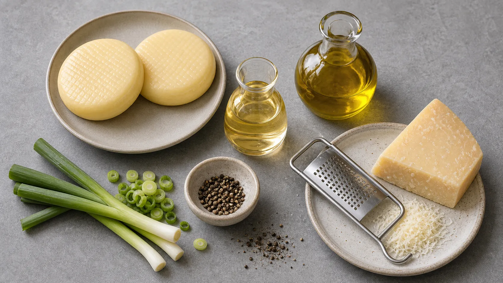 Zutaten für Keto-Handkäse mit Trüffelöl und Parmesan als Flatlay mit Handkäse, weißem Trüffelöl, Olivenöl, Parmesan, Frühlingszwiebeln und Pfeffer