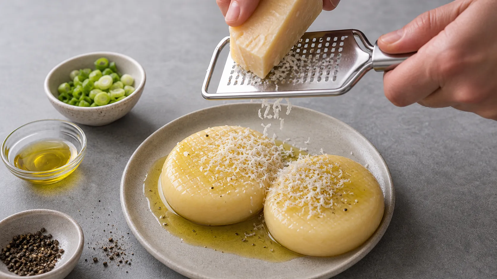 Parmesan wird frisch über Handkäse mit Trüffelöl gerieben