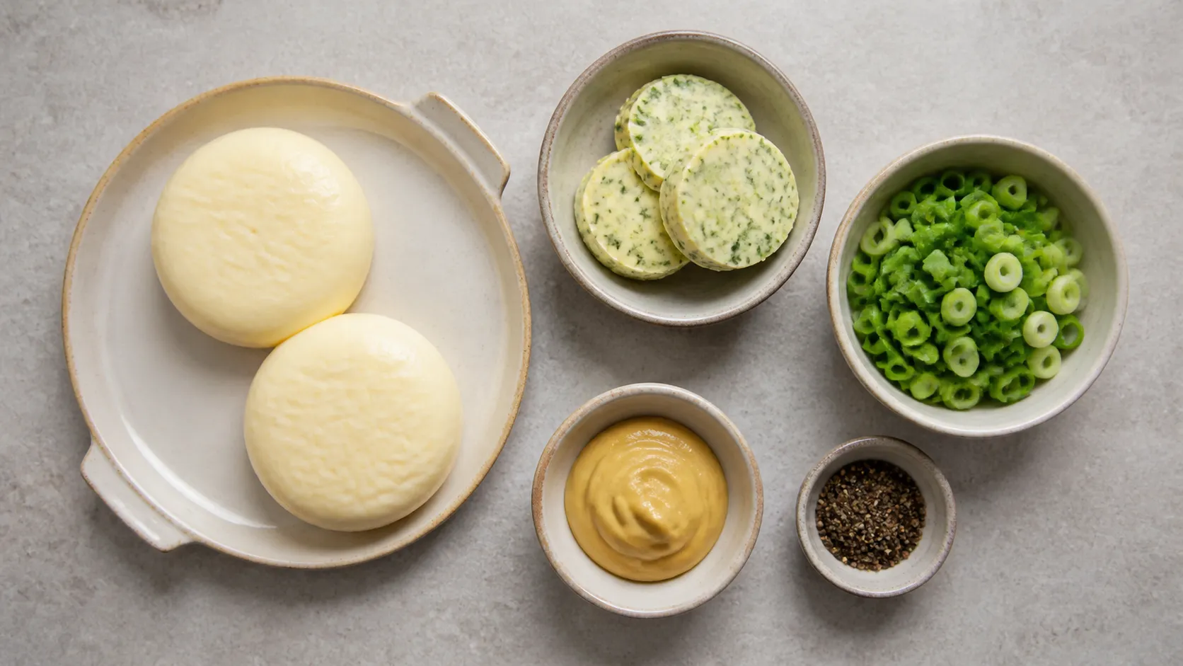 Zutaten für überbackenen Handkäse: Handkäse, Kräuterbutter, Dijonsenf, Frühlingszwiebeln und Pfeffer