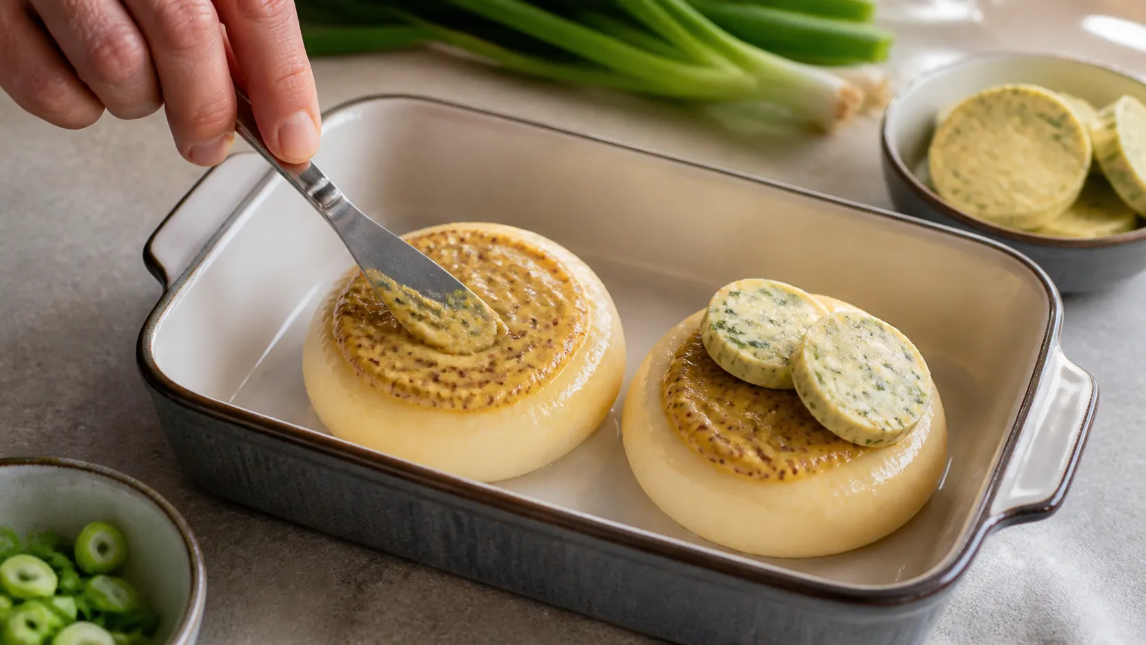 Handkäse wird vor dem Überbacken mit Dijonsenf bestrichen und mit Kräuterbutter belegt