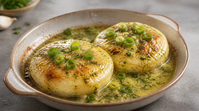 Überbackener Handkäse mit geschmolzener Kräuterbutter, Dijonsenf und Frühlingszwiebeln