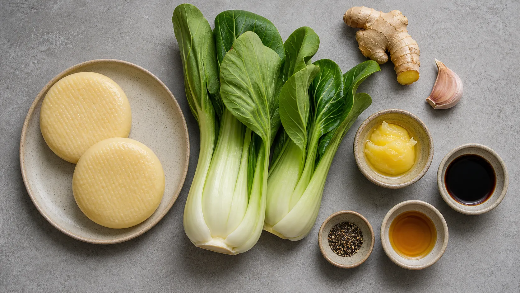 Zutaten für Handkäse-Wok: Handkäse, Pak Choi, Ingwer, Knoblauch, Sojasauce, Sesamöl
