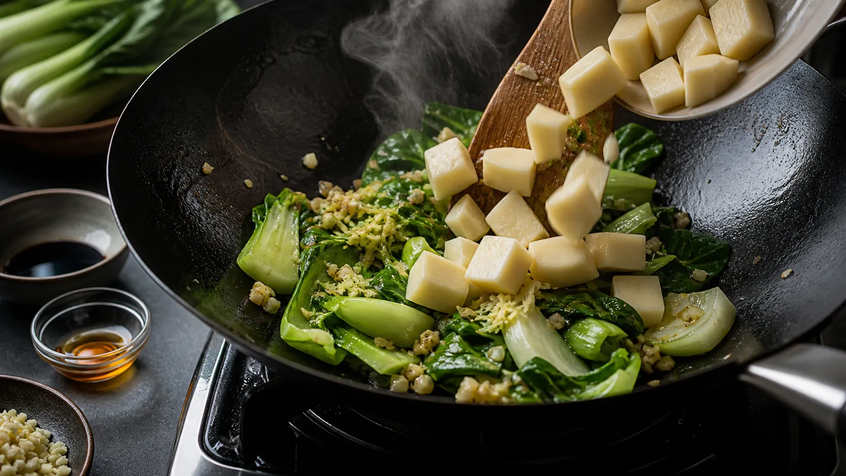 Handkäse-Würfel werden im heißen Wok mit Pak Choi und Ingwer angebraten