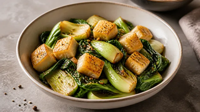 Handkäse-Würfel im Wok mit Pak Choi, Ingwer, Sojasauce und Sesamöl