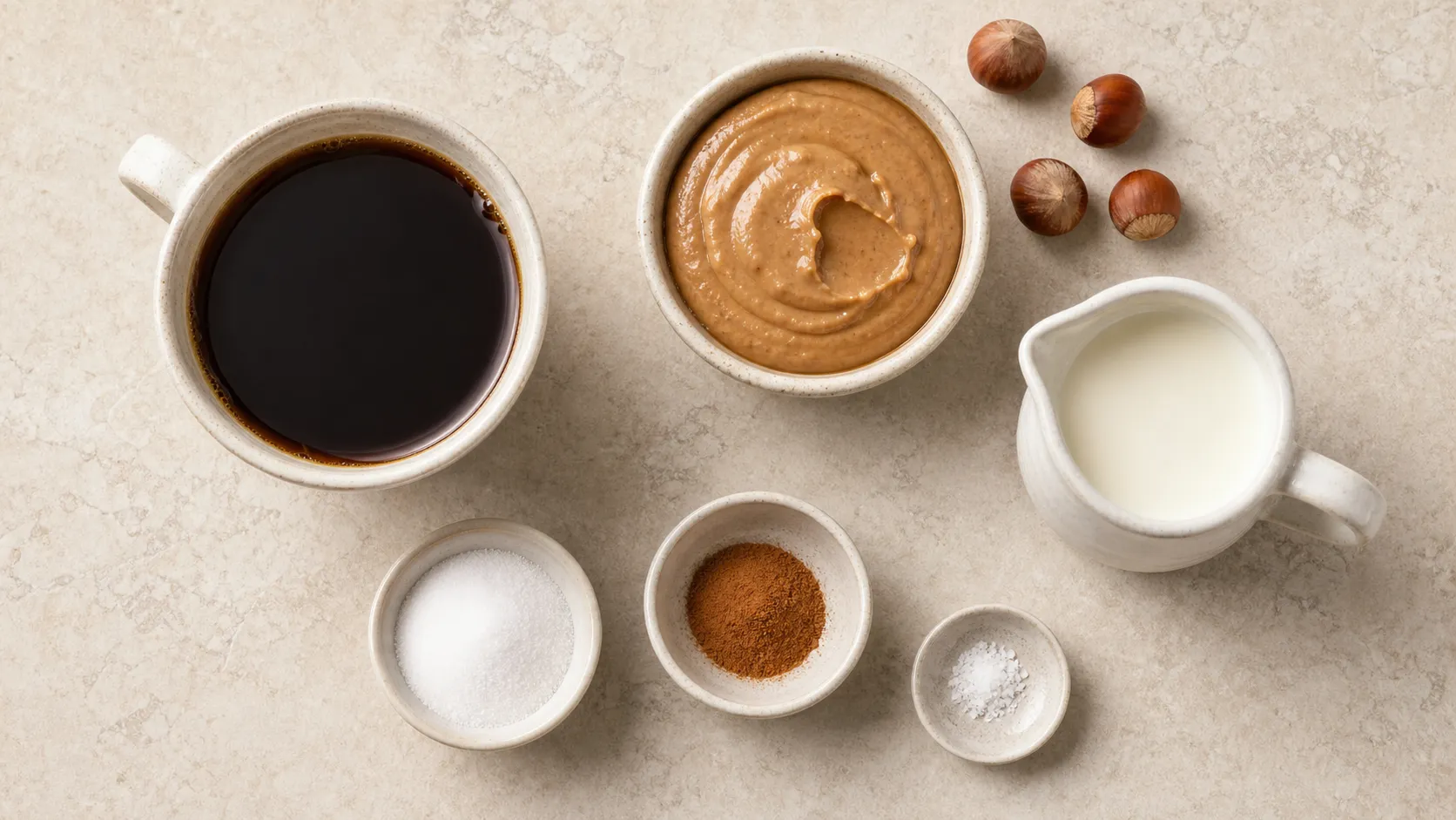 Zutaten für Keto-Haselnusskaffee: Espresso, Haselnussmus, Sahne, Erythrit und Zimt