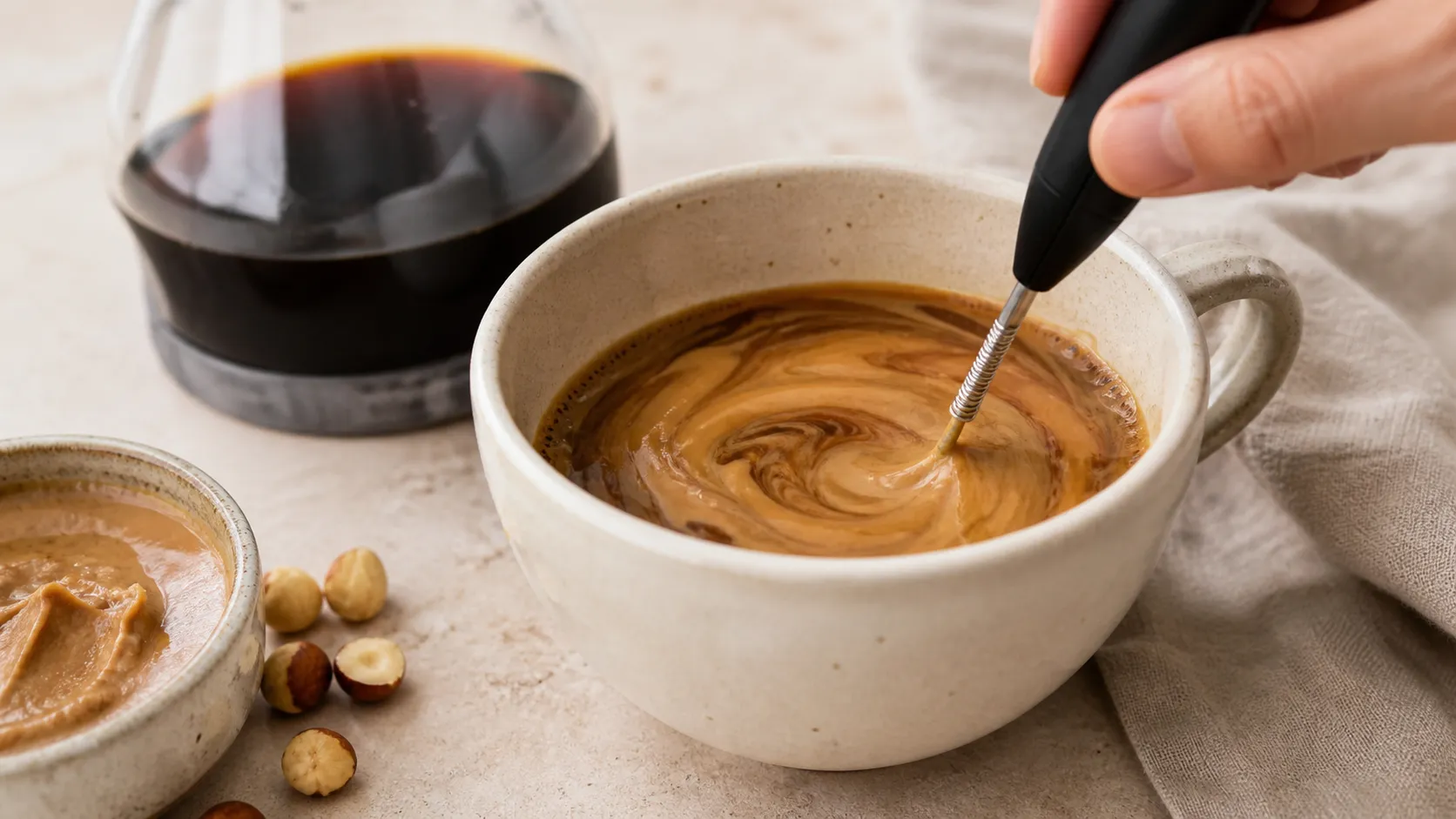 Haselnussmus wird mit heißem Kaffee im Milchaufschäumer cremig aufgemixt