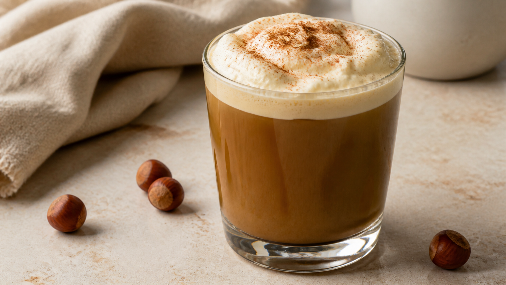 Keto-Haselnusskaffee mit aufgeschäumter Sahne und Zimt in einem Glas