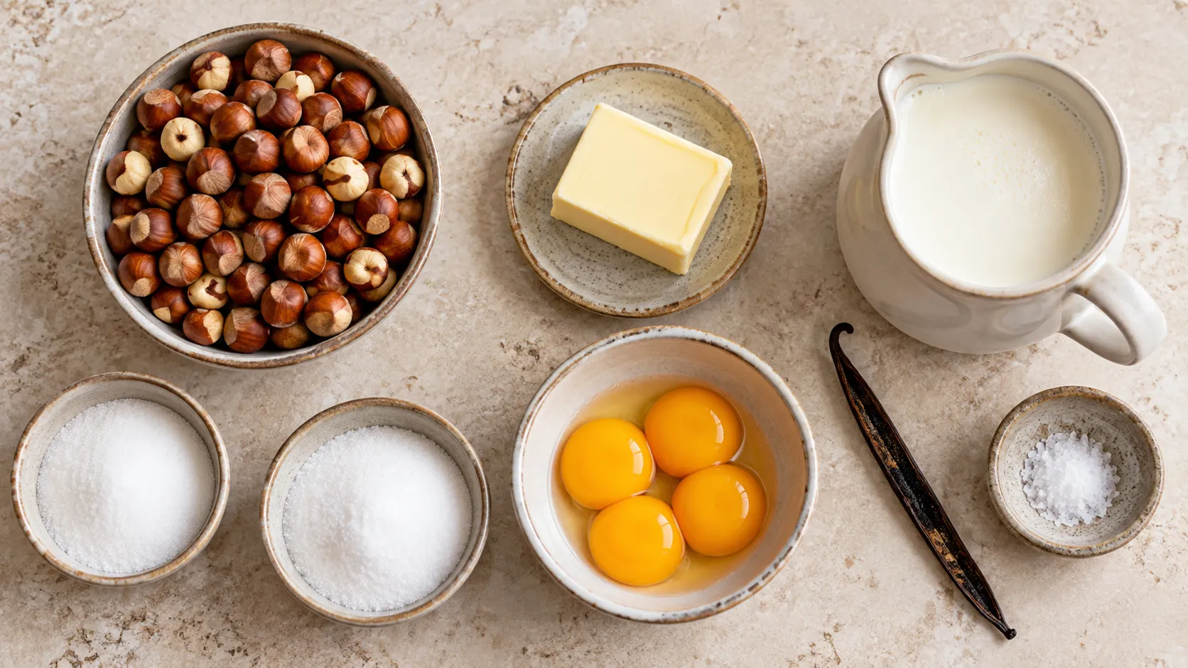 Zutaten für das Keto-Haselnuss-Parfait: geröstete Haselnüsse, Erythrit, vier Eigelbe in einer Schüssel, Sahne, Butter und eine aufgeschnittene Vanilleschote