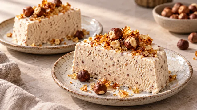 Zwei Scheiben cremefarbenes Haselnuss-Parfait auf Tellern, bestreut mit goldbraunem Nusskrokant und ganzen Haselnüssen