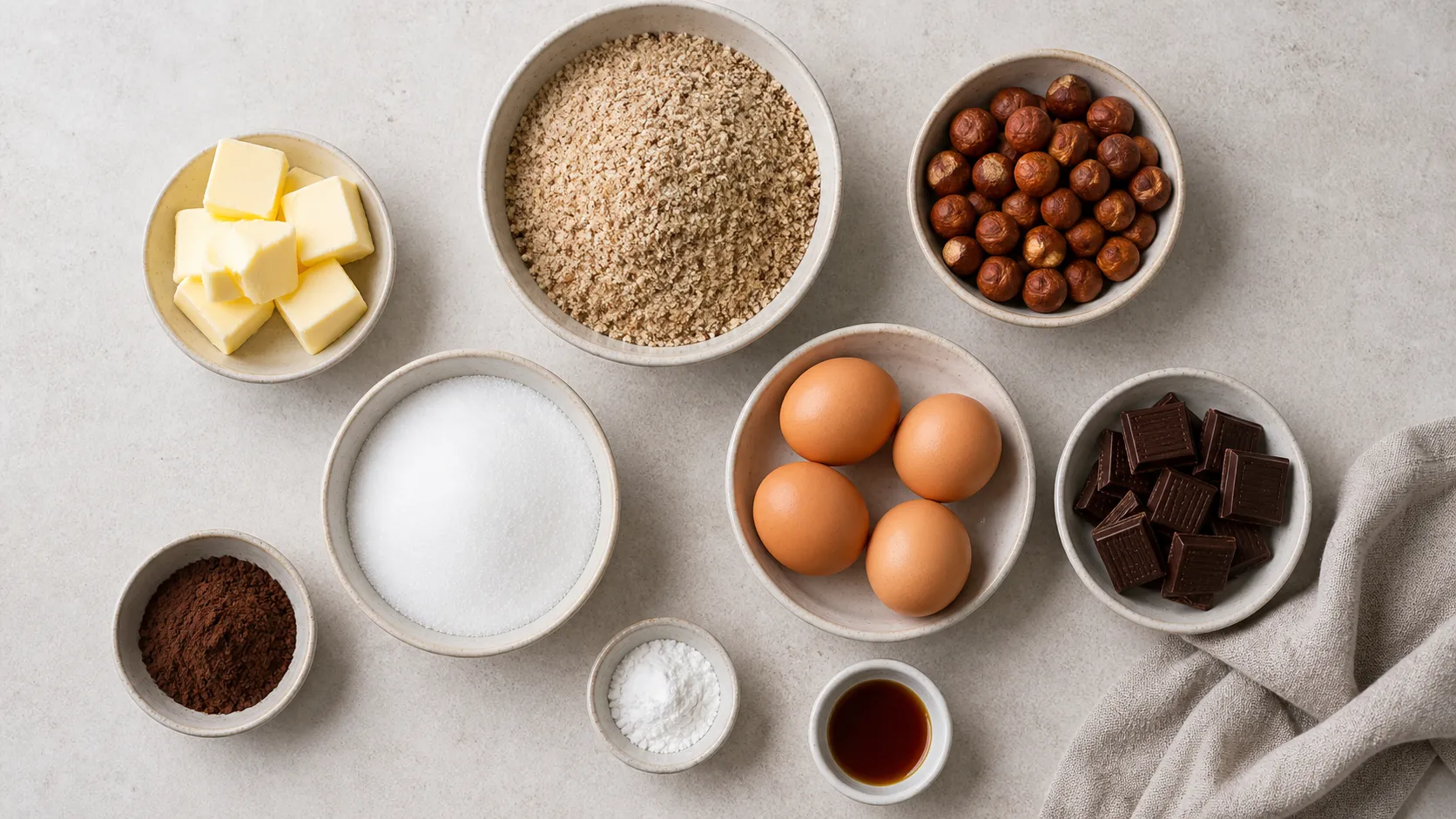 Zutaten für Keto Haselnusskuchen: gemahlene Haselnüsse, Eier, Butter und Erythrit